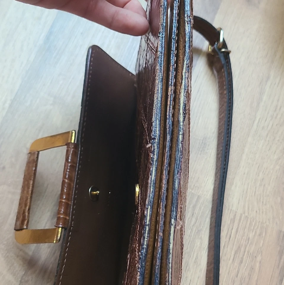LANCEL sac porté épaule cuir marron effet croco, quincaillerie dorée, poche int. - Photo 3/4