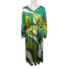 Elie Elie Tahari Green Abstract Print Satin Midi Dress V-Neck Long Sleeve Small
