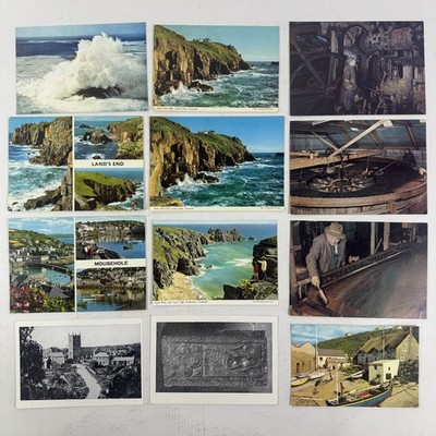 12x Vintage Cornwall Postkarten Restposten Land's End, Mousehole, Tolgus Zinnindustrie