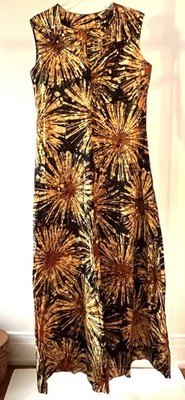 Hand-Batiked Cotton Dress Black/yellow/brick, Small, Vintage