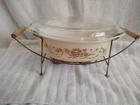 Vtg, Pyrex, Golden Bouquet 2 1/2 Qt, Oval Casserole, W/ Brass Dual Candle Warmer