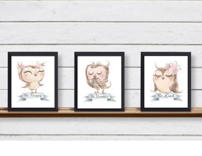 Set of 3 Owls Be Happy, Be Humble,Be Kind Unframed Wall Art Prints Baby Nursery