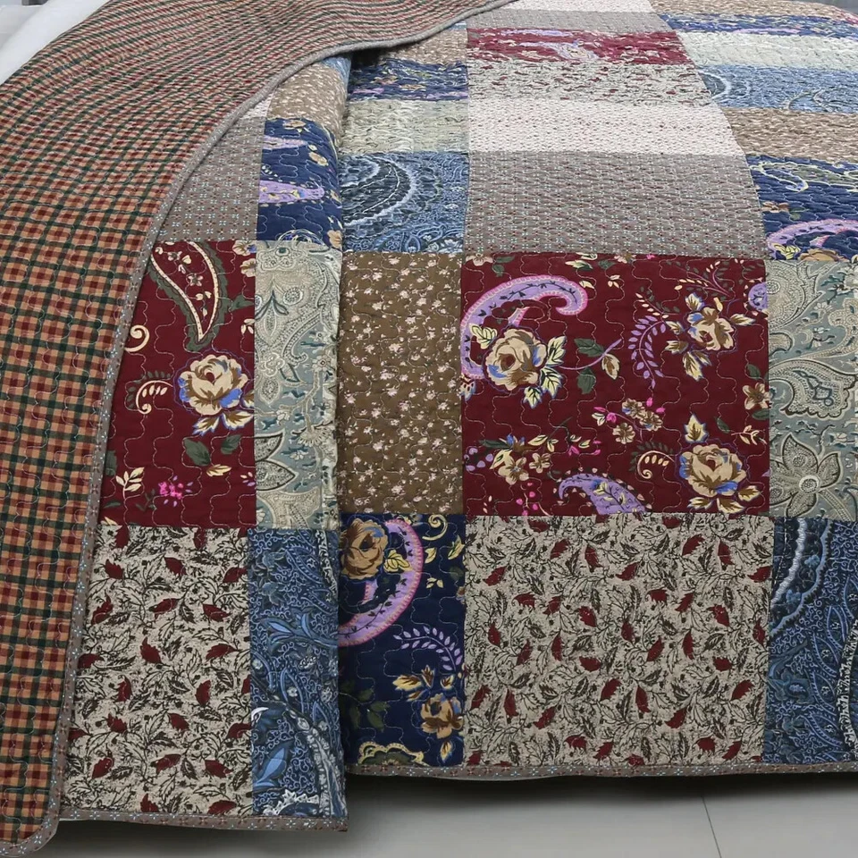 NEW! ~ COZY LODGE LOG CABIN BROWN BLUE PATCHWORK RED BURGUNDY COTTAGE QUILT SET - Image 4 of 4