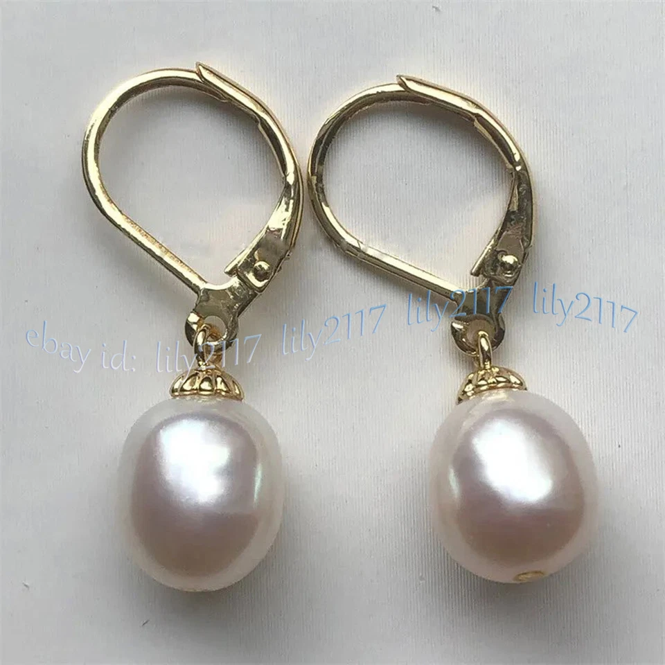 Pendientes colgantes de perlas barrocas blancas genuinas naturales de 12-13 mm del Mar del Sur de oro de 14 k Foto 3 de 4