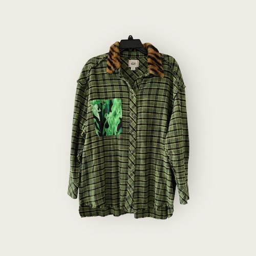 BDG Urban Outfitters Flannel Shirt Faux Fur Collar Green Plaid Small Womens