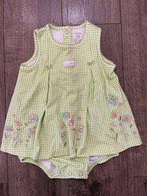 Carter's Flowers Green White Pleated Romper Girls Sunsuit Dress 12mo Vintage