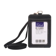 ID Badge Card Holder Pu Leather Vertical Clip Neck Strap Lanyard Necklace Case