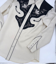 1970's H Bar C Cheyene Western Shirt Black and Cream 15 1/2