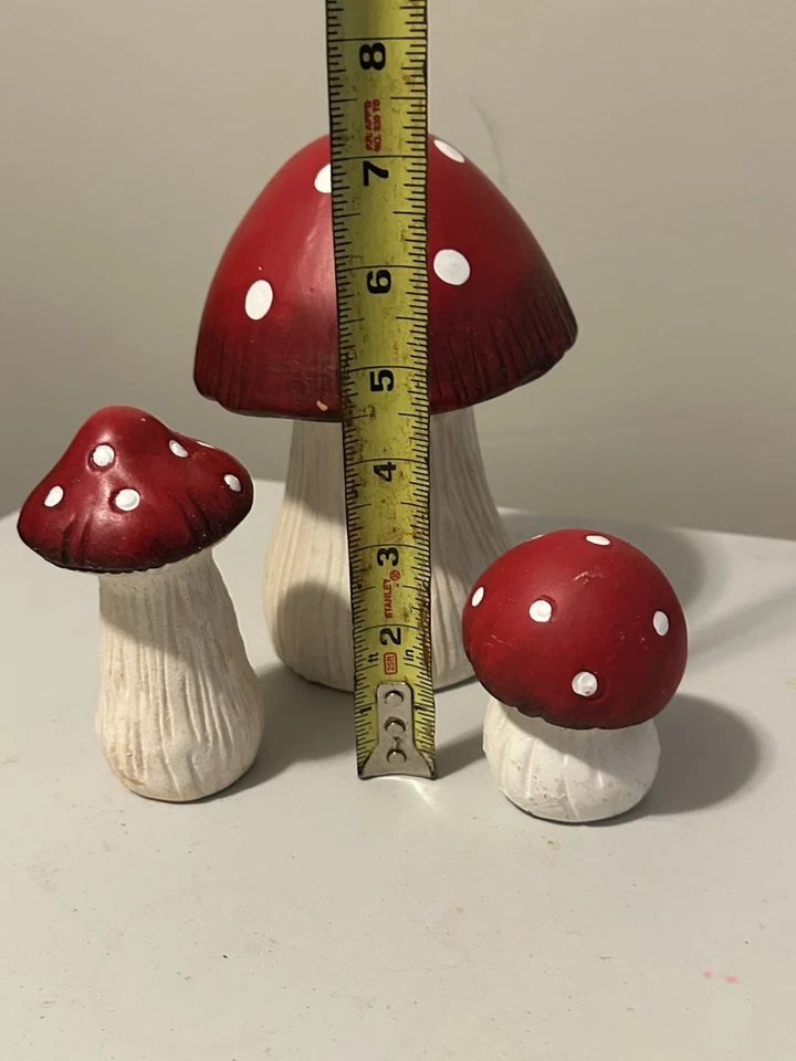 "Juego de 3 estatuillas vintage de decoración de setas de terracota roja y blanca de 7""" Foto 3 de 4