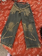 YASUYUAN Men's Blue Wide-Leg Denim Jeans Distressed Fringe Cotton Polyester