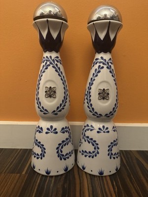 Pair of 2 Clase Azul White Ceramic Liquor Bottles w/ Stoppers Blue Design