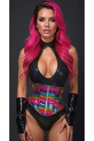 Rainbow Glitter Holographic Steel Boned Under Bust Waist Cincher Rave Festival