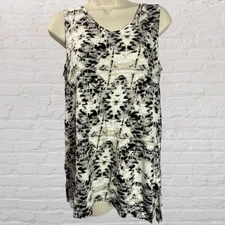 Cynthia Rowley 100% Linen Tank Top Sleeveless Blouse Black White Abstract Medium