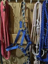 Blue Nylon Western Horse Halter Full Size w/ Adjustable Buckles & Brass Hardware