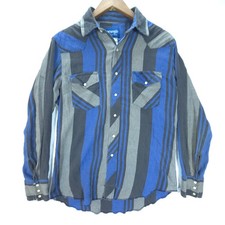 Wrangler Western Shirt Mens L Blue Grey Vintage Pearl Snap Stripe Long Sleeve