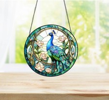 Peacock Floral Stained Glass Suncatcher, Round Hanging Peacock Art
