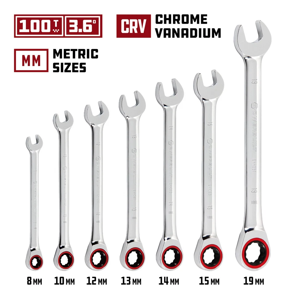 Powerbuilt 7 Piece Metric 100 Tooth Ratcheting Combination Wrench Set - 642762 - Image 2 of 4