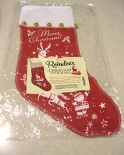 New Merry Christmas Stocking Santa w/Reindeer, Bells, Stars, Snowflakes VTG Look