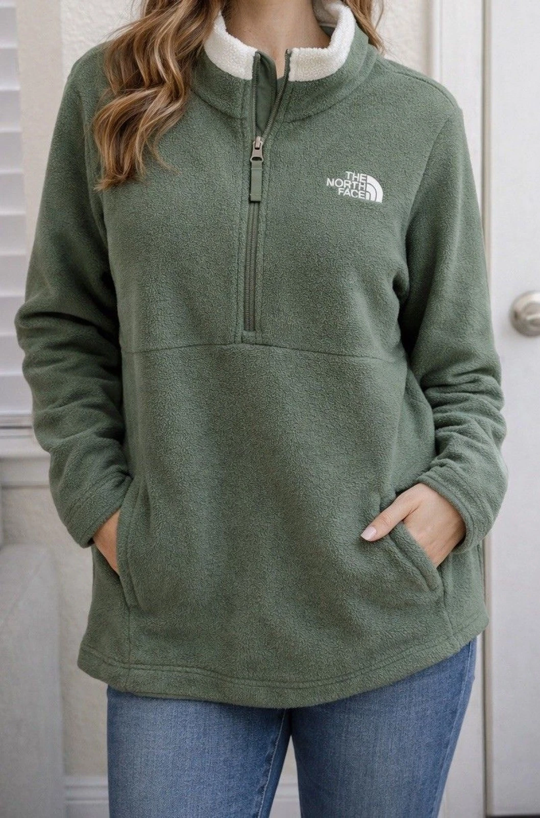 The North Face Fleece Pullover Women Large Green 1/4 Zip Sherpa Lined Jacket