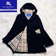 Burberry Blue Label Nova Check Wool Angora Hooded Coat Black Beige 38 FA BZA