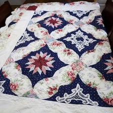 Vtg Patchwork Star Quilt Comforter Throw Floral Rose Lace Doily Applique 80"x56"