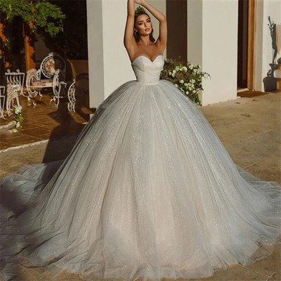 Elegant Pleat Shiny Wedding Dress Ball Gowns Glitter Tulle Sweetheart Bride Gown