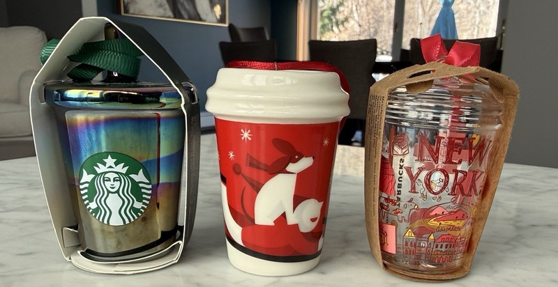 Lot Of Three Starbucks Cup Christmas Ornaments, Two Brand New One Gently Used ￼