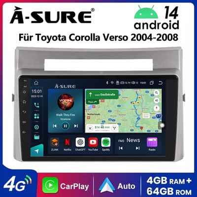 4+64G Android14 Autoradio GPS NAV CarPlay SWC Für Toyota Corolla Verso 2003-2009