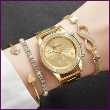 4PCS/Set Fashion Rhinestone Women Watches Luxury Steel Band Ladies Quartz Watch