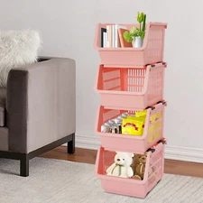 4 PCS Stacking Storage Baskets Rectangular Stackable Organizer Baskets Pink