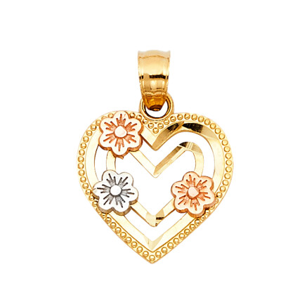 Gold - 14K Tri Color Herz mit Blume Anhänger