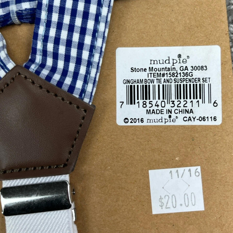 Juego de pajaritas y tirantes Mud Pie talla única se adapta a la mayoría hasta 5T niños pequeños cuadros de guinga Foto 4 de 4