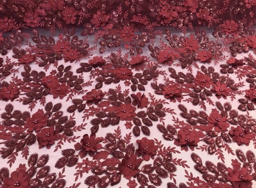 Burgundy 3D Flowers And Sequin Leaves Embroidered On A Mesh - Picture 4 of 9