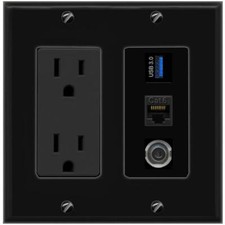 3 Ports 3-5MM CAT6 USB-3 Black Wall Plate with 15A Power Outlet