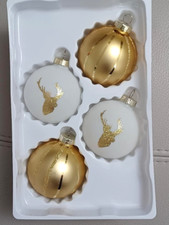 Hand-Blown Glass Christmas Ball Glitter Gold Deer Ornaments Set of 4 NEW