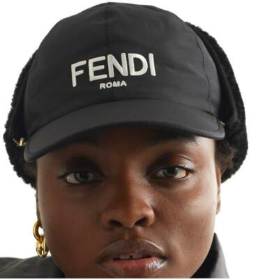 NEW FENDI BLACK SHEARLING TRIMMED EMBROIDERED SHELL LOGO  display picture 3