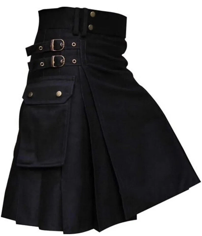 UNIQUE STUFF Men's Black Utility Kilt,Fashion,Cargo Pocket Utility Kilt Made of 100% Cotton.