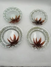 Fused Glass Plate And Bowl Set Of Four Bamboo Style Edging With Red Agave Plant 