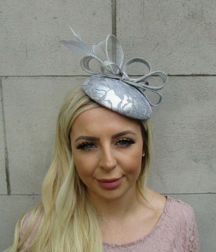 Silver Pale Grey Feather Pillbox Hat 