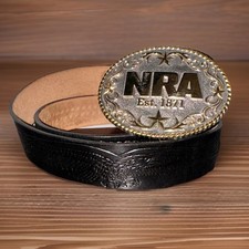 Vintage Limited Edition NRA Belt Buckle With NRA Leather Belt Silver Gold 34 USA