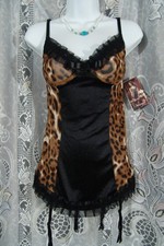 DreamGirl Garter Slip Dress M black leopard 9087 womens medium nwt