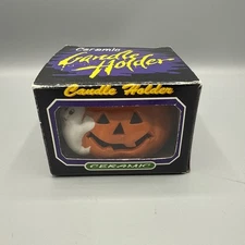 1993 Four Star Halloween Jack O Lantern & Ghost Candle Holder Cerqmic USED