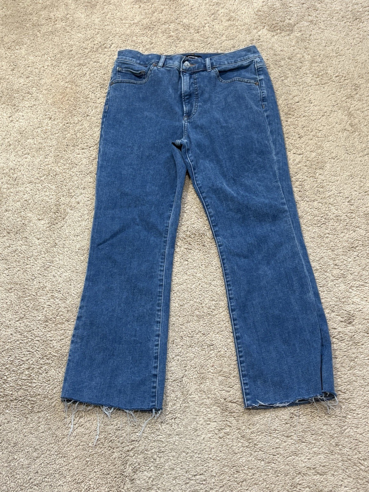 Express Womens Jeans Size 8 Blue Denim Cropped Flare High Rise Stretch Cutoff