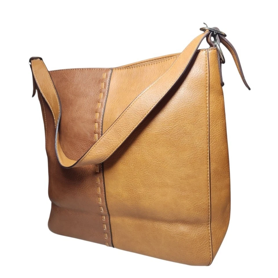 Hobo Brown Tan Faux Leather Shoulder Bag Slouchy Oversized Stitched Preppy Work - Image 3 of 4
