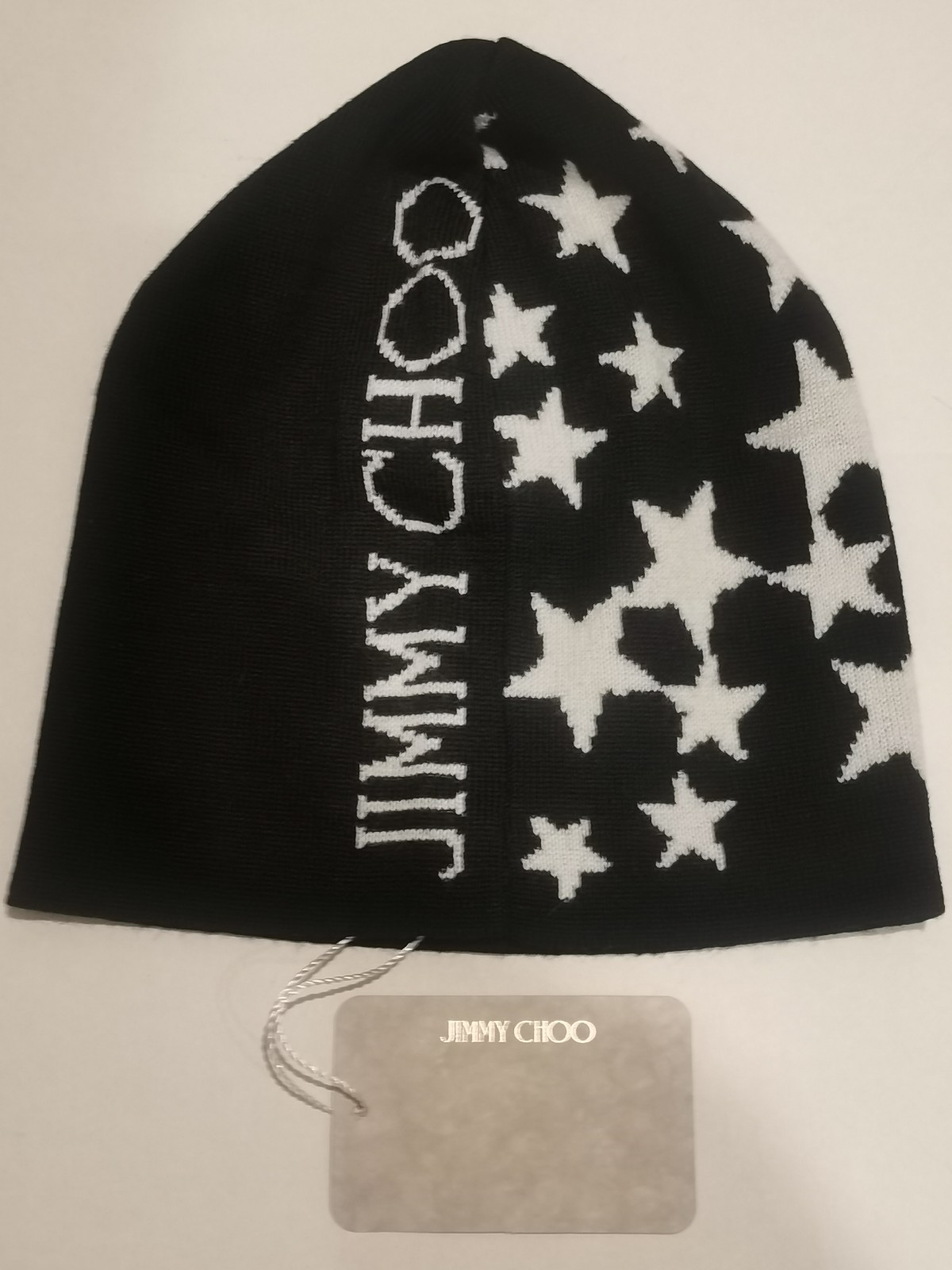 BNWT - Jimmy Choo Black White Stars Wool Blend Beanie - RRP: £160