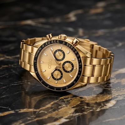 COSO Torvex Chronograph Champagne Dial Full Gold Bracelet Black Bezel