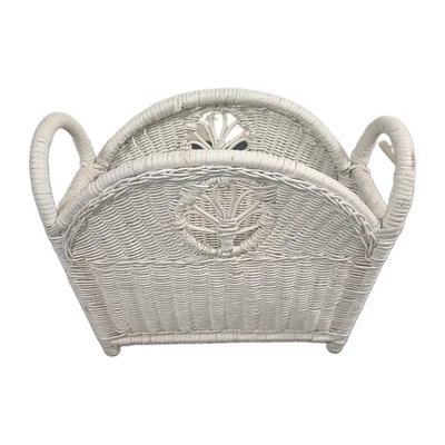 Vintage Wicker Rattan Magazine Rack White 90s Boho Chic - Image 1 of 4