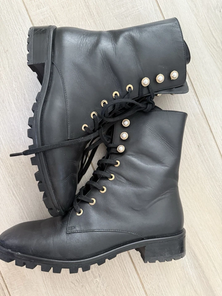 Stuart Weitzman женщина лодыжки черный кожаный боя ботинки с жемчугом 7.5B - Изображение 3 из 4