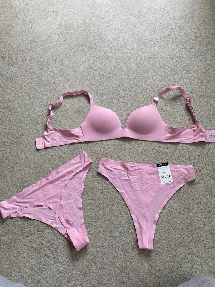 New Look Bubblegum Pink Bra and Thongs Set Size 34b and 10 In Thongs Size 10 - Image 1 of 4