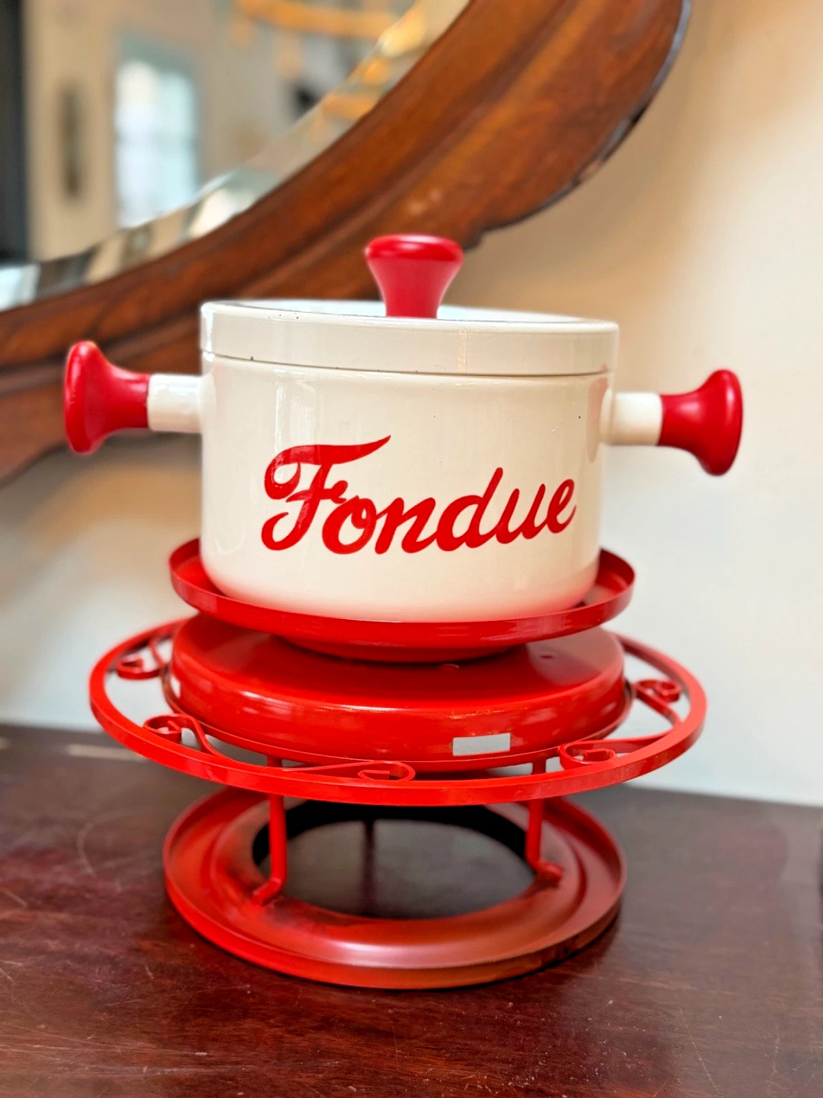 Vintage Enamel Fondue Pot Set | Retro 1970s Red Stand, Cheese Chocolate